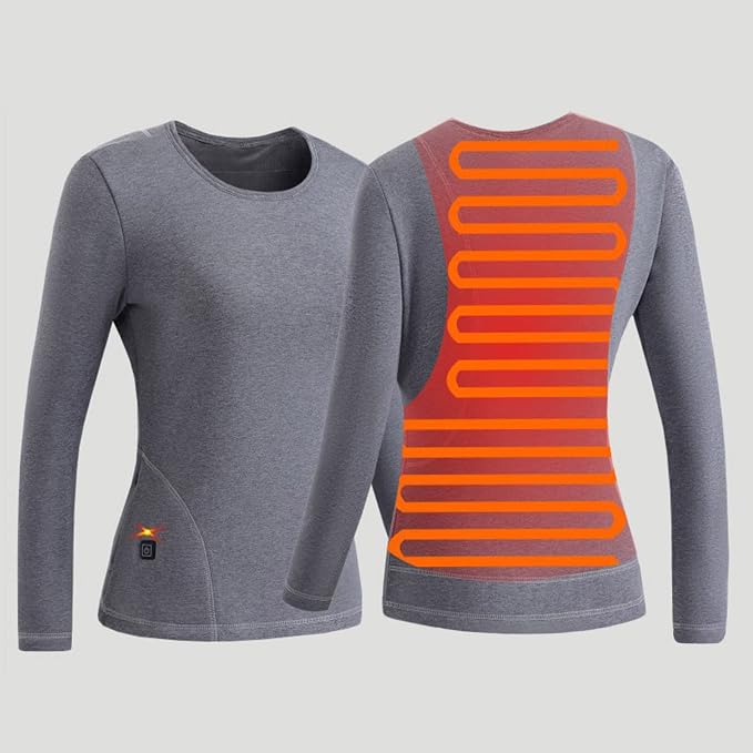 Gray Women's Electric Heated Underwear Set, Intelligent Heating Cold Winter Long Fleece USB Thermal Tops & Pants