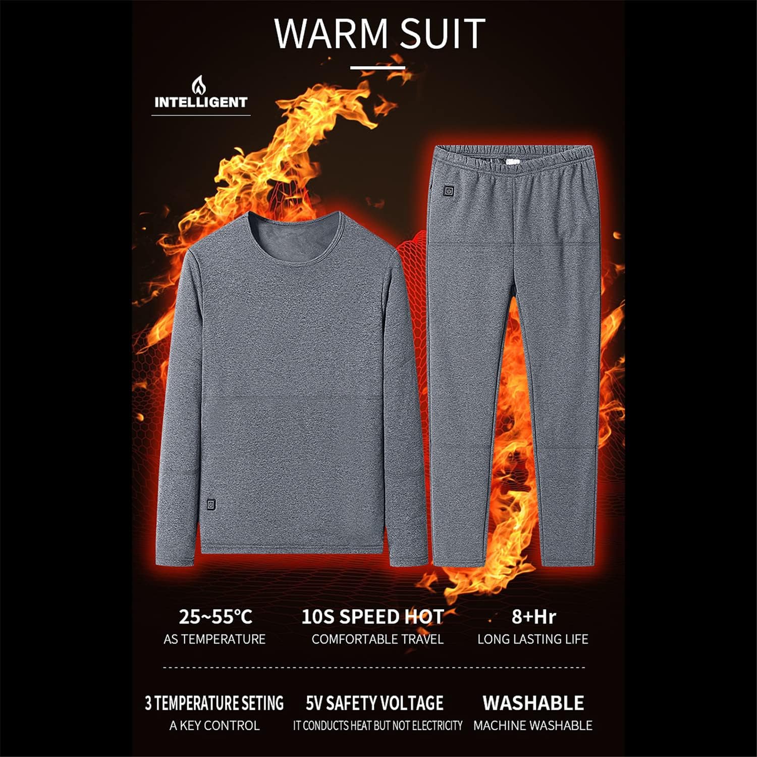 Gray Heated Thermal Underwear Long Johns Fleece Pajamas for Men with USB Electric Layer Base for Full Body Warmth