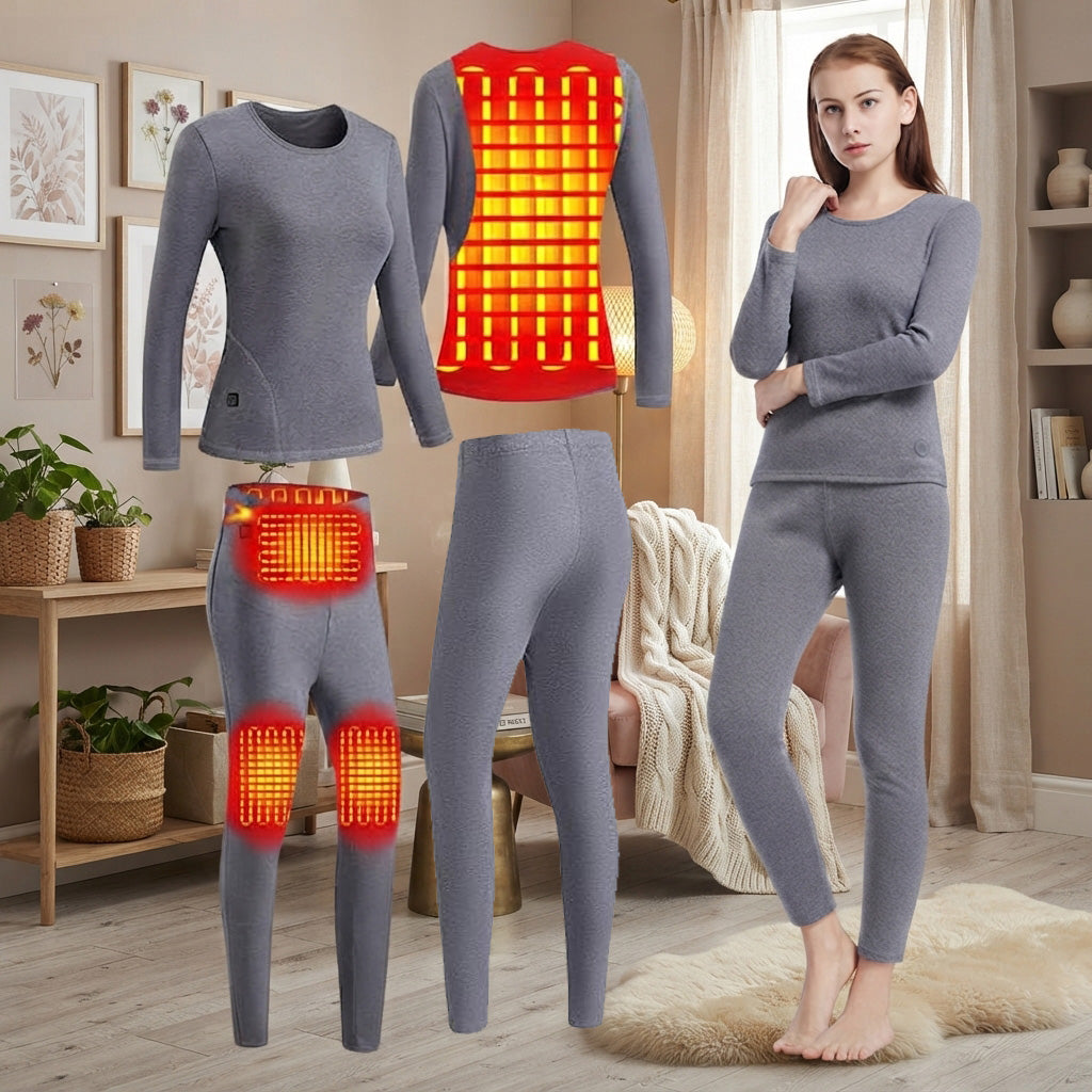 Gray Women's Electric Heated Underwear Set, Intelligent Heating Cold Winter Long Fleece USB Thermal Tops & Pants
