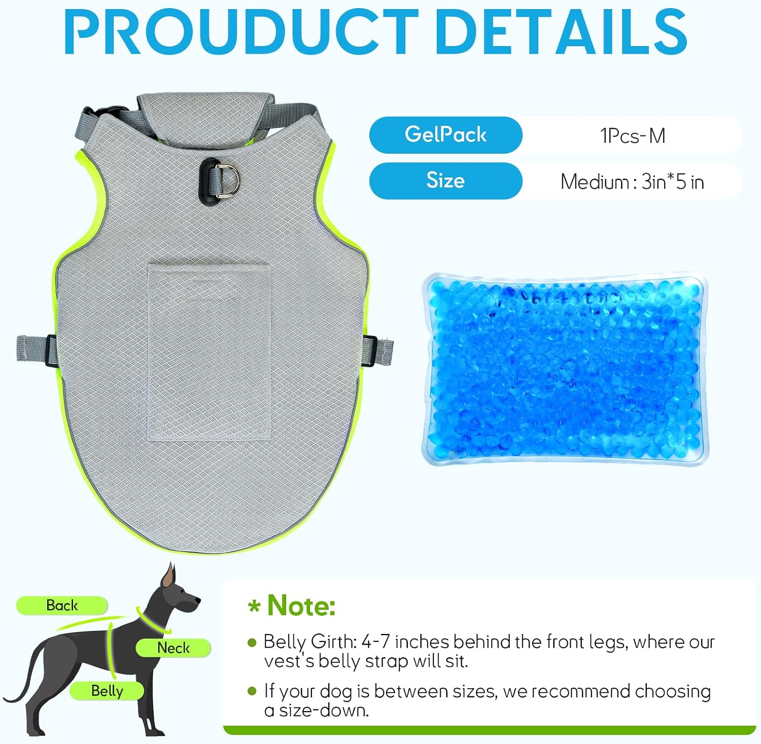 Reflective Adjustable Dog Cooling Vest with Ice Packs with Leash Ring for Hot Weather Cooling Harness