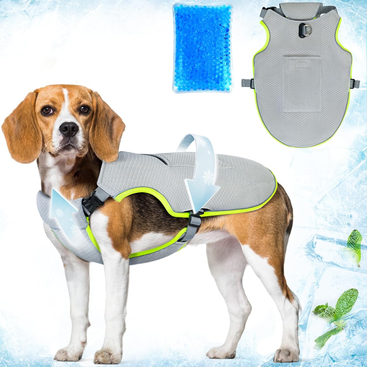 Reflective Adjustable Dog Cooling Vest with Ice Packs with Leash Ring for Hot Weather Cooling Harness