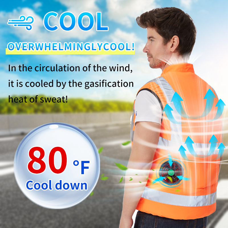 Reflective Sleeveless Cooling Vest High Visibility Stripe Zip Up Stand Workwear with Multi Pockets