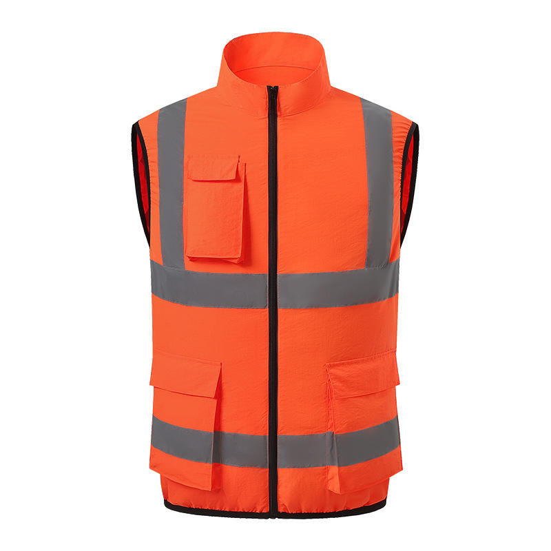 Reflective Sleeveless Cooling Vest High Visibility Stripe Zip Up Stand Workwear with Multi Pockets