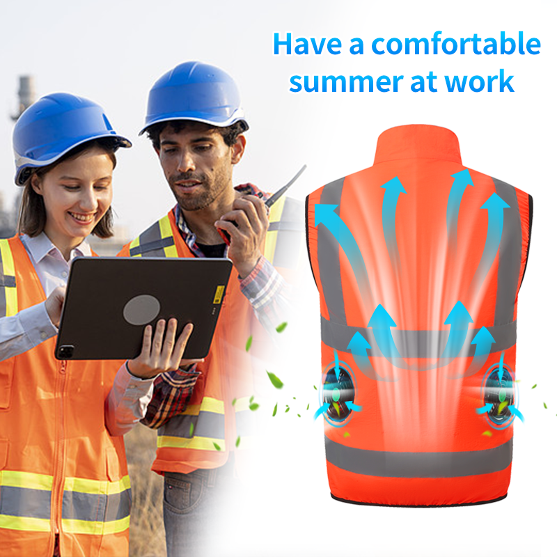 Reflective Sleeveless Cooling Vest High Visibility Stripe Zip Up Stand Workwear with Multi Pockets