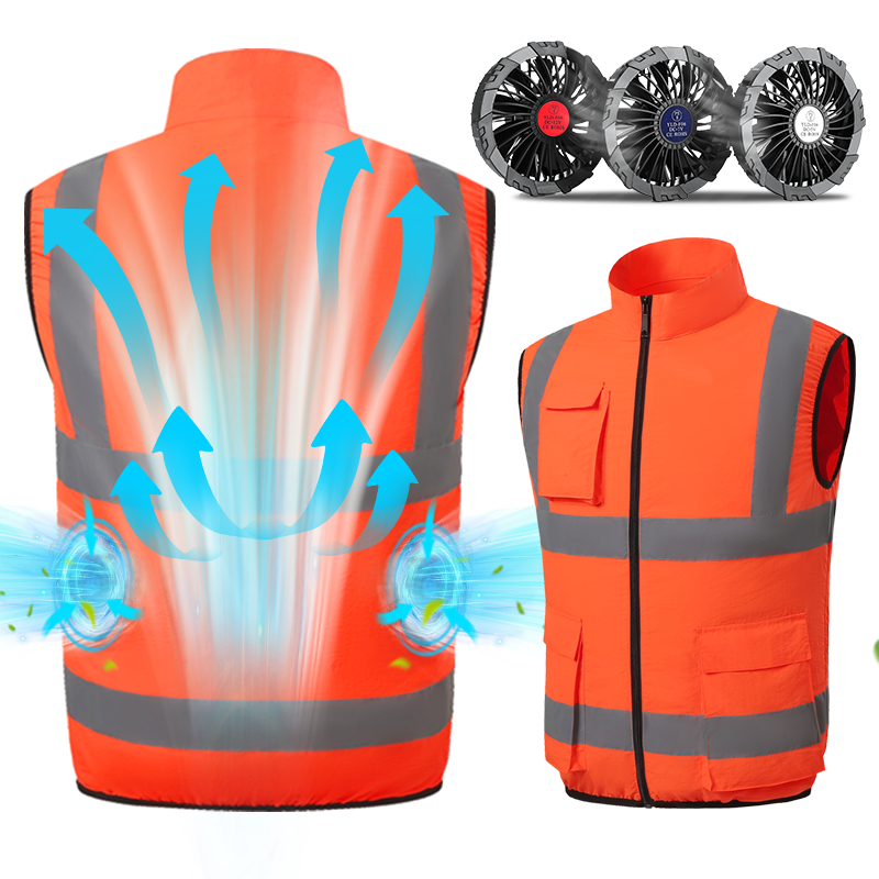 Reflective Sleeveless Cooling Vest High Visibility Stripe Zip Up Stand Workwear with Multi Pockets