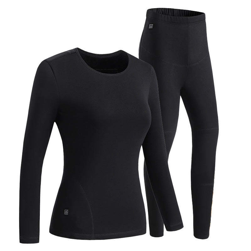 Black Women's Heated Underwear Set, USB Charging Heated Thermal Long Sleeve Shirts and Pants Electric Winter Heating Top & Pants