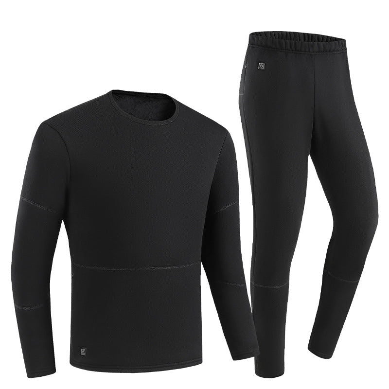 Black Heated Underwear Set for Men 6 Areas Carbon Fiber Heating Temperature USB Electric Thermal Heated Long Sleeve T-Shirts & Pants