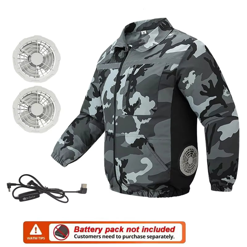 Unisex Safety High-Visibility Air-Conditioned Jacket Stand Collar Long Sleeve with 2 Fans