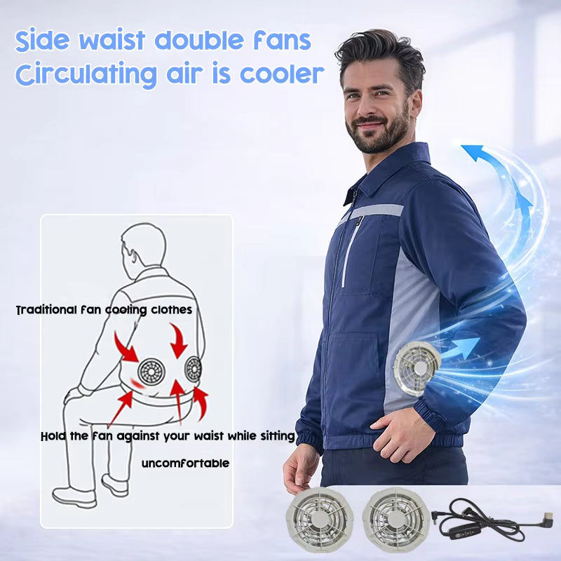 Unisex Safety High-Visibility Air-Conditioned Jacket Stand Collar Long Sleeve with 2 Fans