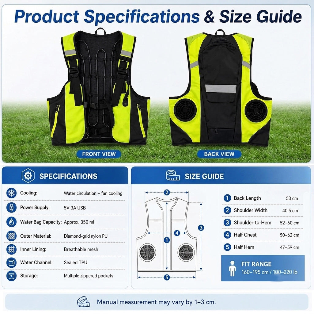 Reflective Dual Cooling Vest with Ice Packs Smart Water Circulation Air-Cooled