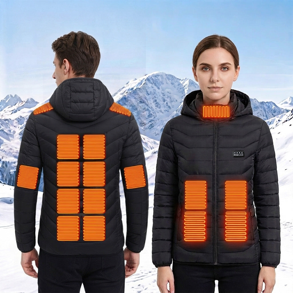 4 Temp-controller 19 Heating Zones Heated Jacket with Hood for Women Men 3 Temperature Levels Electric Charging Thermal Long Sleeve Warm Coat