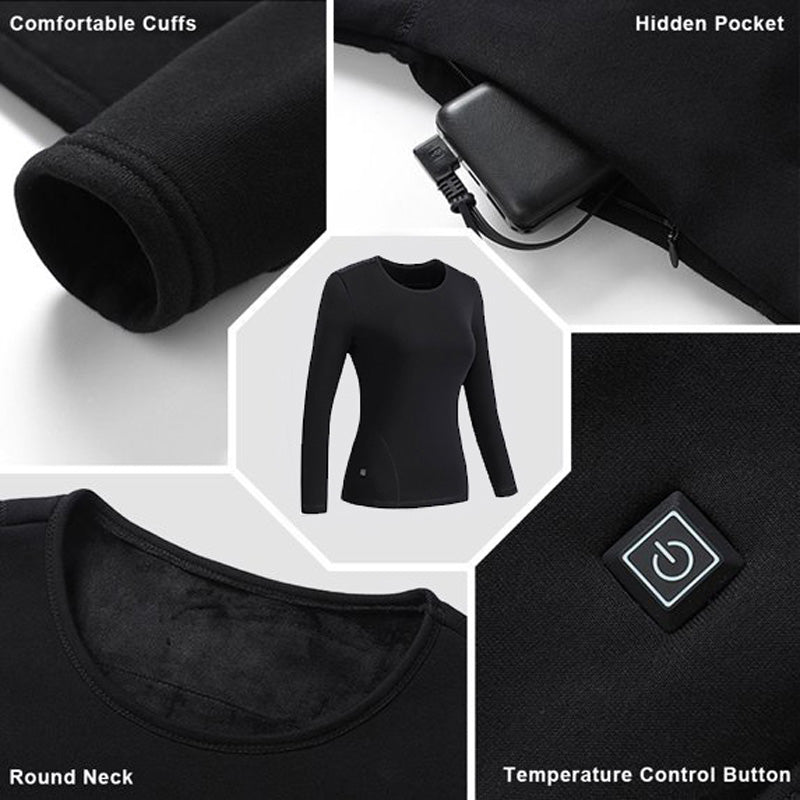 Black Women's Heated Underwear Set, USB Charging Heated Thermal Long Sleeve Shirts and Pants Electric Winter Heating Top & Pants