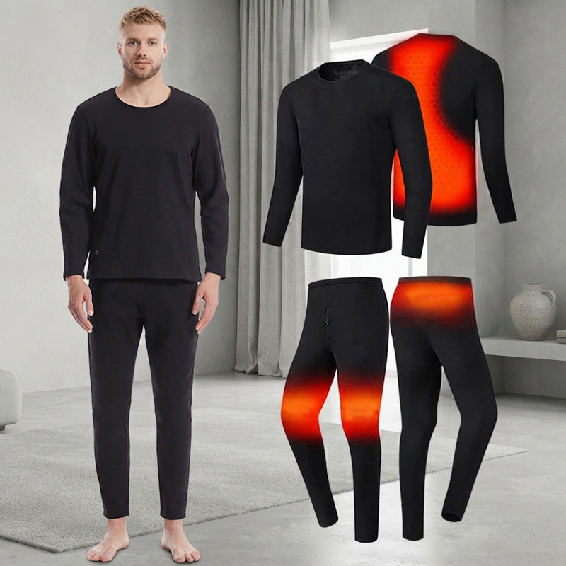 Black Heated Underwear Set for Men 6 Areas Carbon Fiber Heating Temperature USB Electric Thermal Heated Long Sleeve T-Shirts & Pants