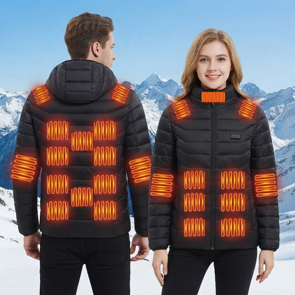 4 Temp-controller 25 Heating Zones Heated Hood Jacket for Women Men Long Sleeve 3 Temperature Levels USB Rechargeable Smart Hooded Coat