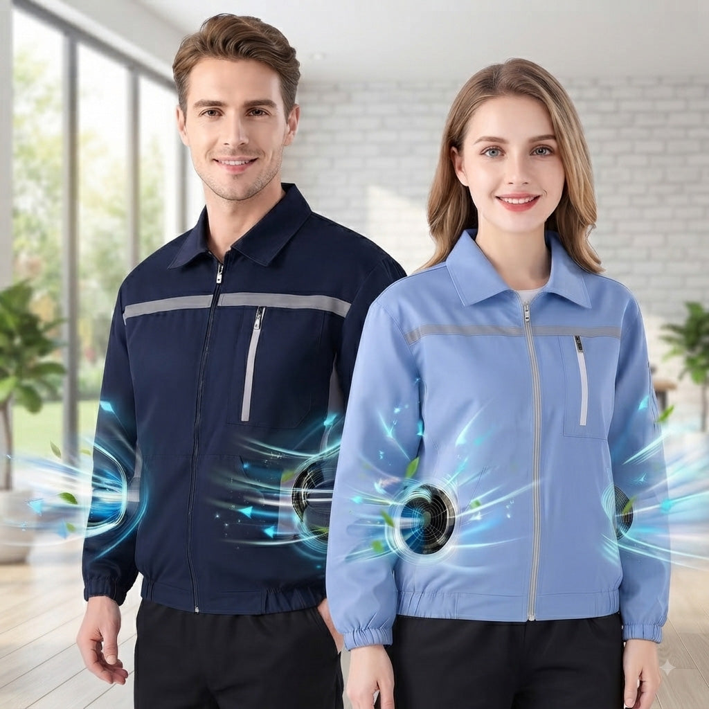 Unisex Safety High-Visibility Air-Conditioned Jacket Stand Collar Long Sleeve with 2 Fans