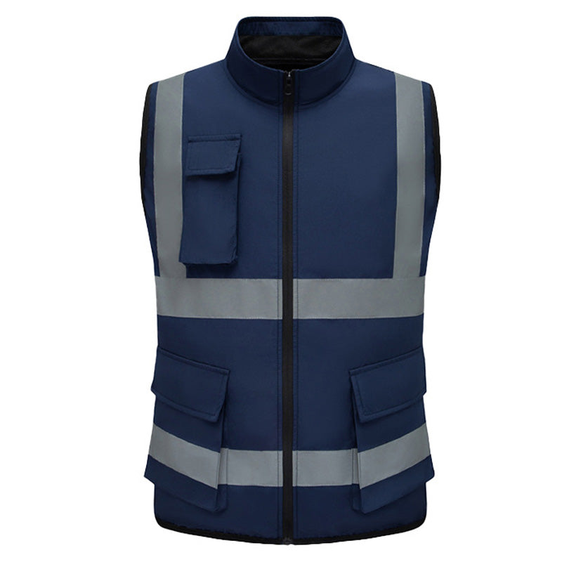 Reflective Sleeveless Cooling Vest High Visibility Stripe Zip Up Stand Workwear with Multi Pockets