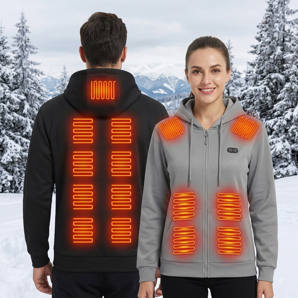 Heated Hoodie for Women Men Fleece Lined Zip Up Electric Hooded Sweatshirt with 17 Heating Zones