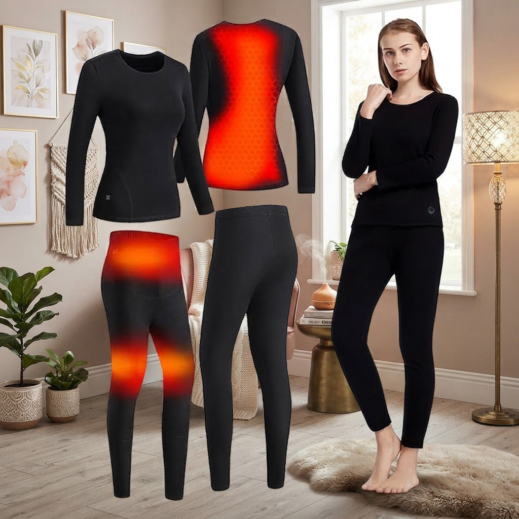Black Women's Heated Underwear Set, USB Charging Heated Thermal Long Sleeve Shirts and Pants Electric Winter Heating Top & Pants